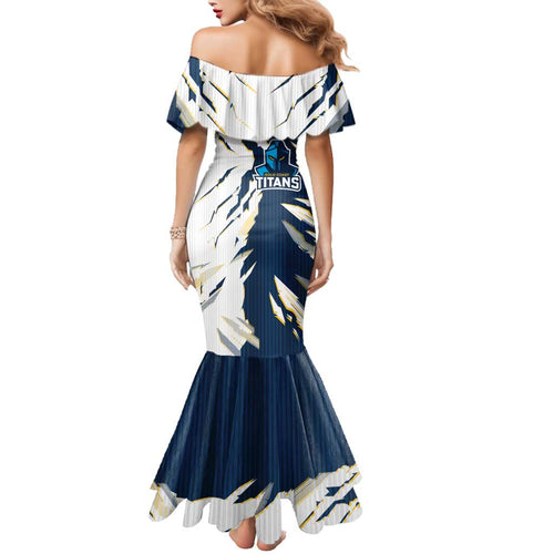 Personalized Gold Coast Titans Family Matching Mermaid Dress and Hawaiian Shirt Dynamic Lightning Mascot Rugby Australia