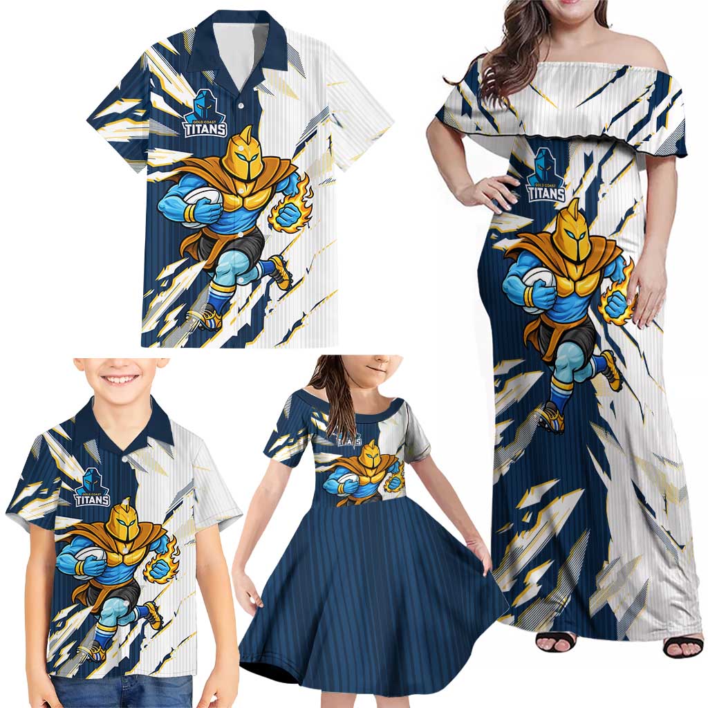 Personalized Gold Coast Titans Family Matching Off Shoulder Maxi Dress and Hawaiian Shirt Dynamic Lightning Mascot Rugby Australia