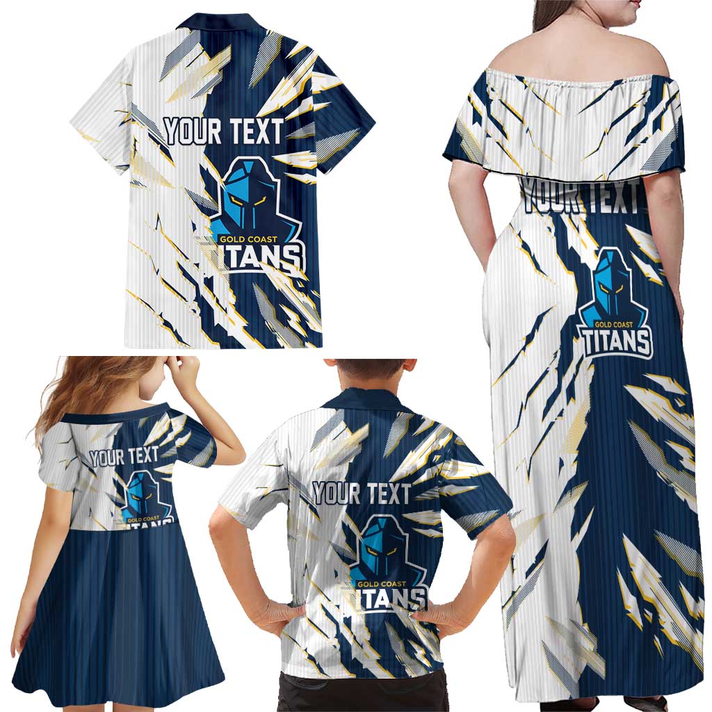 Personalized Gold Coast Titans Family Matching Off Shoulder Maxi Dress and Hawaiian Shirt Dynamic Lightning Mascot Rugby Australia