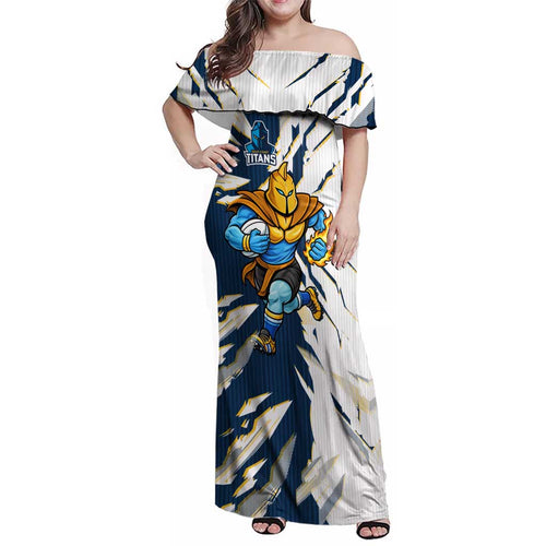 Personalized Gold Coast Titans Family Matching Off Shoulder Maxi Dress and Hawaiian Shirt Dynamic Lightning Mascot Rugby Australia