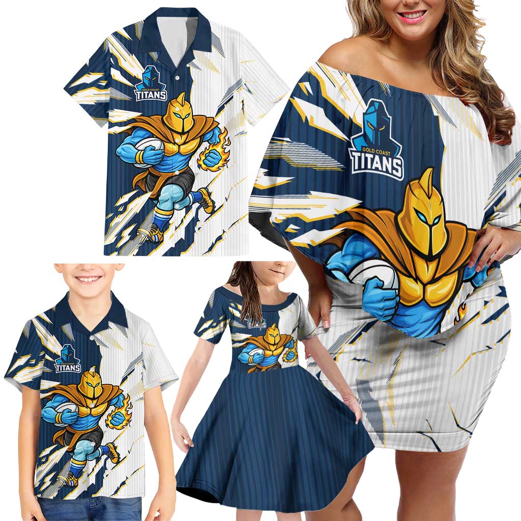 Personalized Gold Coast Titans Family Matching Off Shoulder Short Dress and Hawaiian Shirt Dynamic Lightning Mascot Rugby Australia