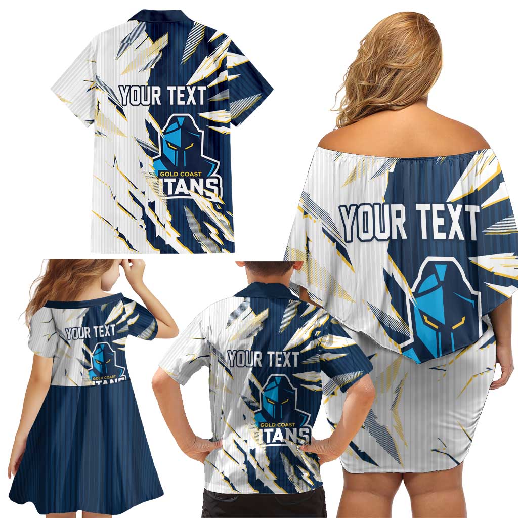 Personalized Gold Coast Titans Family Matching Off Shoulder Short Dress and Hawaiian Shirt Dynamic Lightning Mascot Rugby Australia