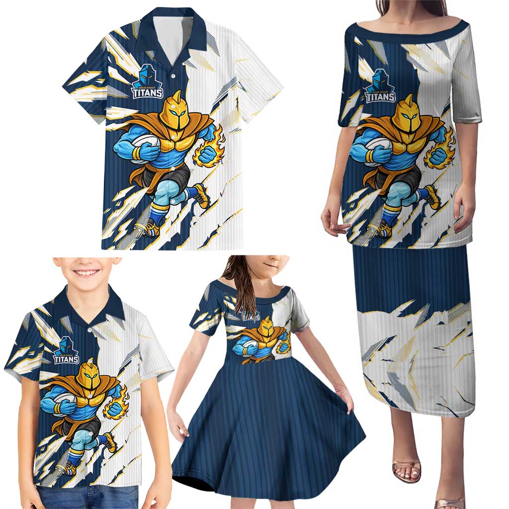 Personalized Gold Coast Titans Family Matching Puletasi and Hawaiian Shirt Dynamic Lightning Mascot Rugby Australia