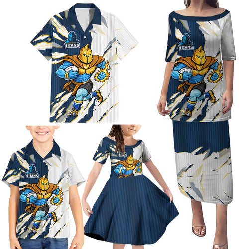 Personalized Gold Coast Titans Family Matching Puletasi and Hawaiian Shirt Dynamic Lightning Mascot Rugby Australia