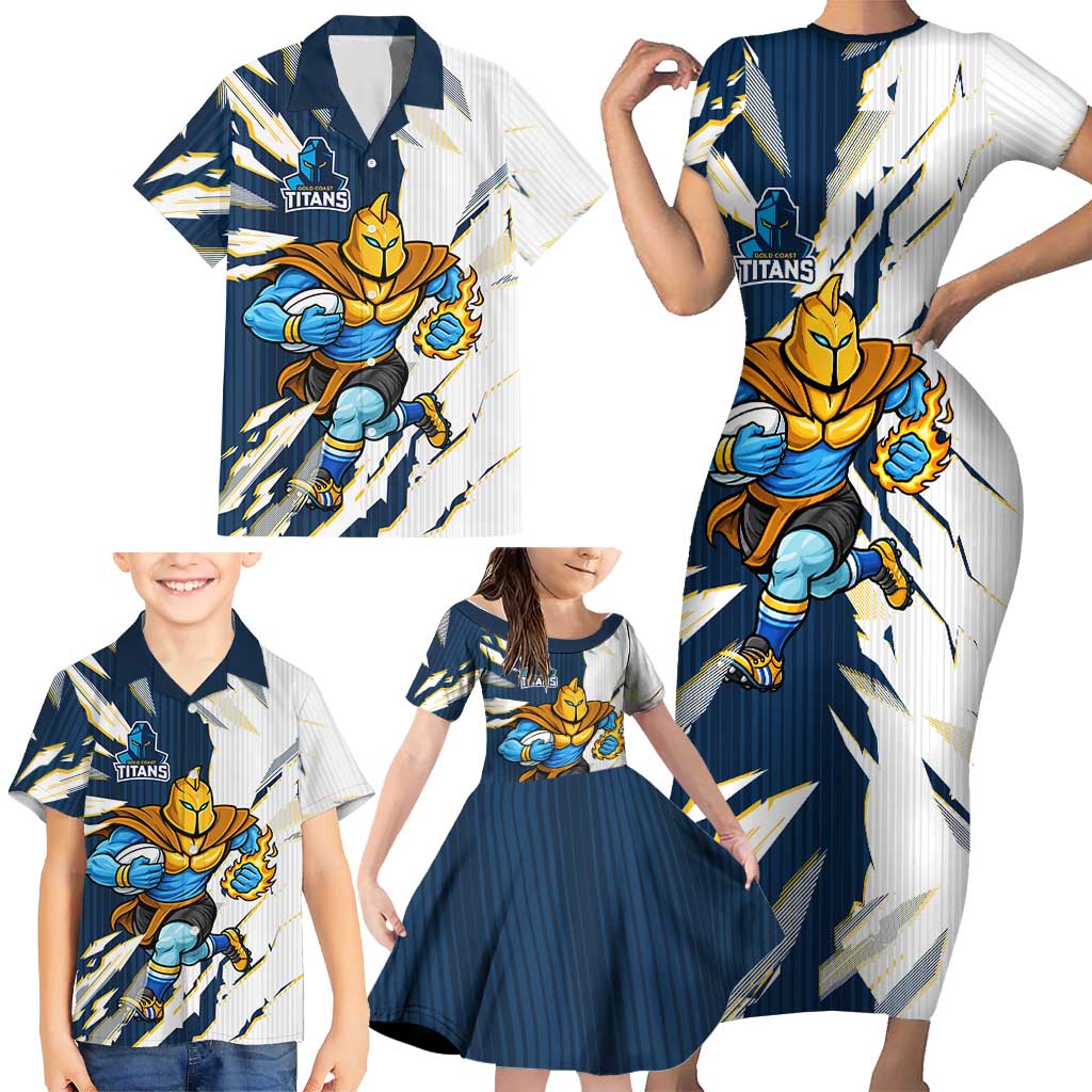 Personalized Gold Coast Titans Family Matching Short Sleeve Bodycon Dress and Hawaiian Shirt Dynamic Lightning Mascot Rugby Australia