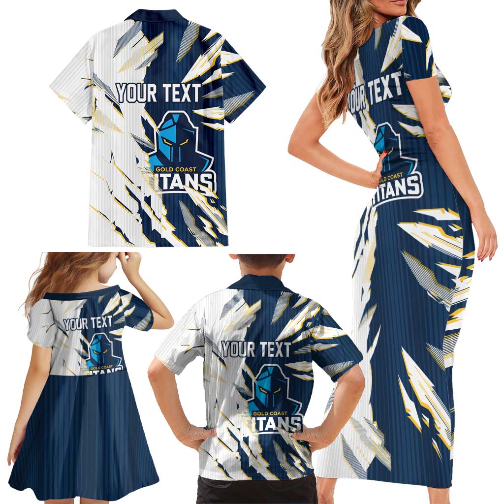 Personalized Gold Coast Titans Family Matching Short Sleeve Bodycon Dress and Hawaiian Shirt Dynamic Lightning Mascot Rugby Australia