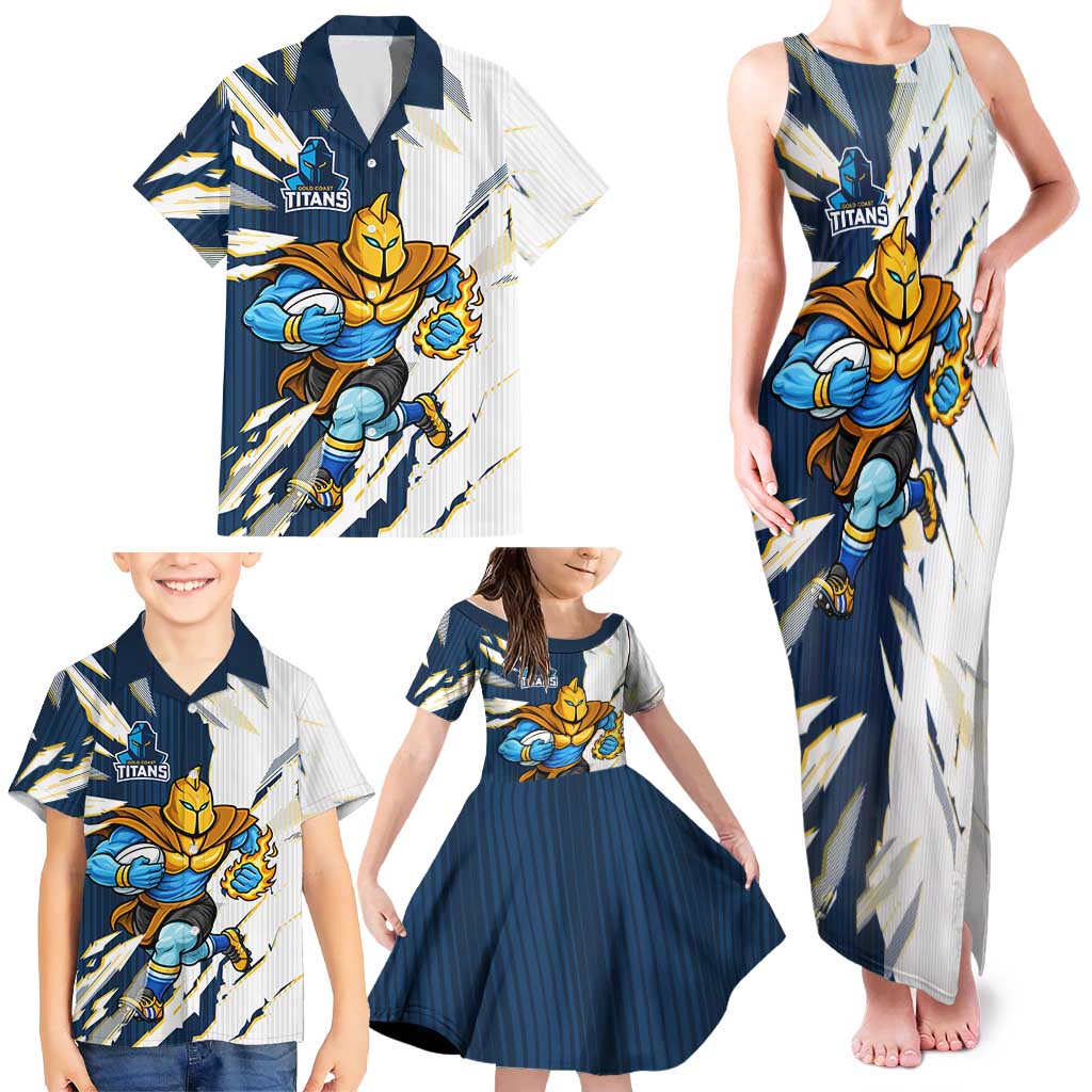 Personalized Gold Coast Titans Family Matching Tank Maxi Dress and Hawaiian Shirt Dynamic Lightning Mascot Rugby Australia