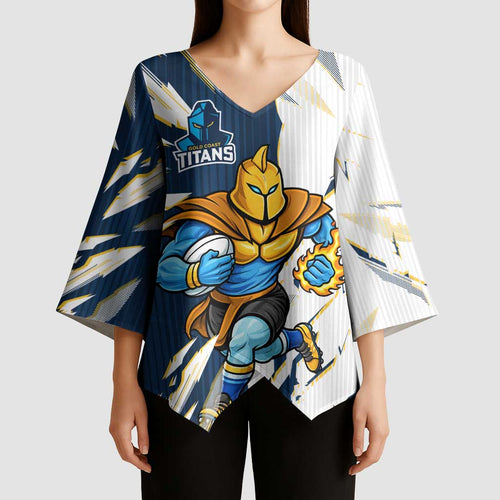 Personalized Gold Coast Titans Kimono Sleeve Blouse Dynamic Lightning Mascot Rugby Australia