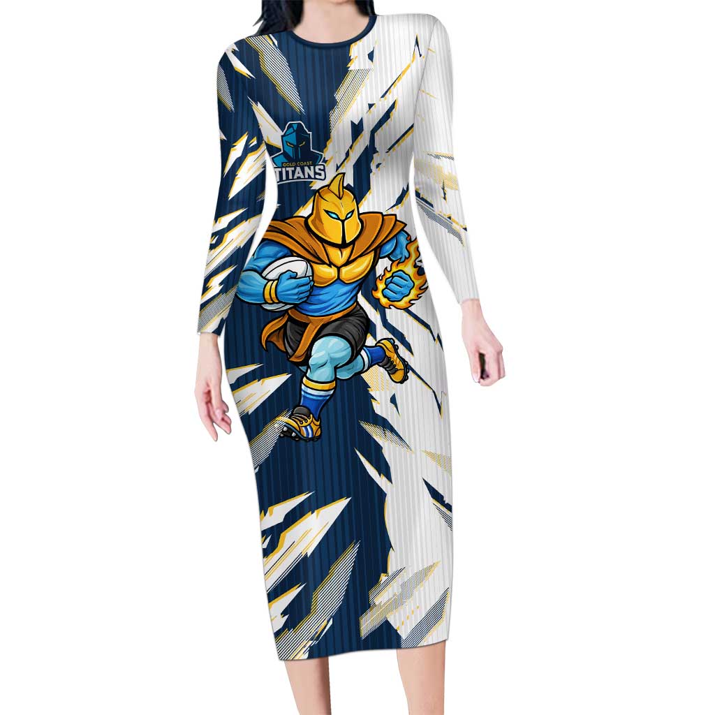 Personalized Gold Coast Titans Long Sleeve Bodycon Dress Dynamic Lightning Mascot Rugby Australia
