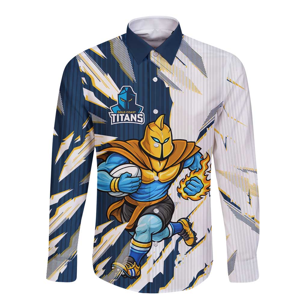 Personalized Gold Coast Titans Long Sleeve Button Shirt Dynamic Lightning Mascot Rugby Australia