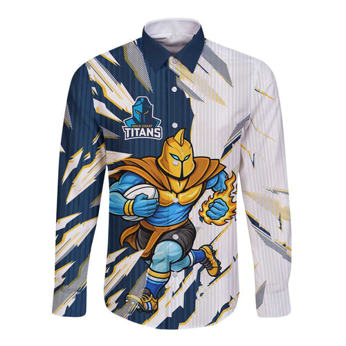 Personalized Gold Coast Titans Long Sleeve Button Shirt Dynamic Lightning Mascot Rugby Australia