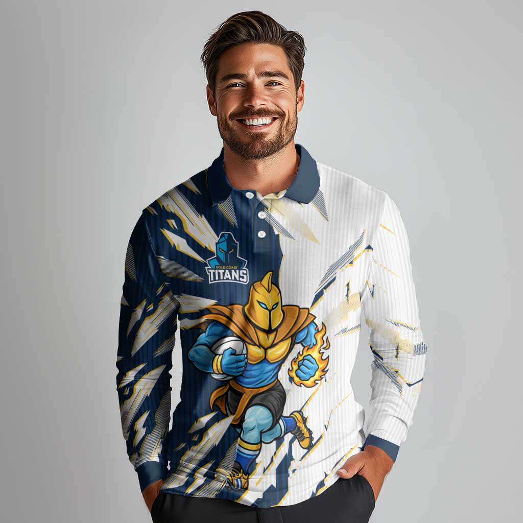 Personalized Gold Coast Titans Long Sleeve Polo Shirt Dynamic Lightning Mascot Rugby Australia