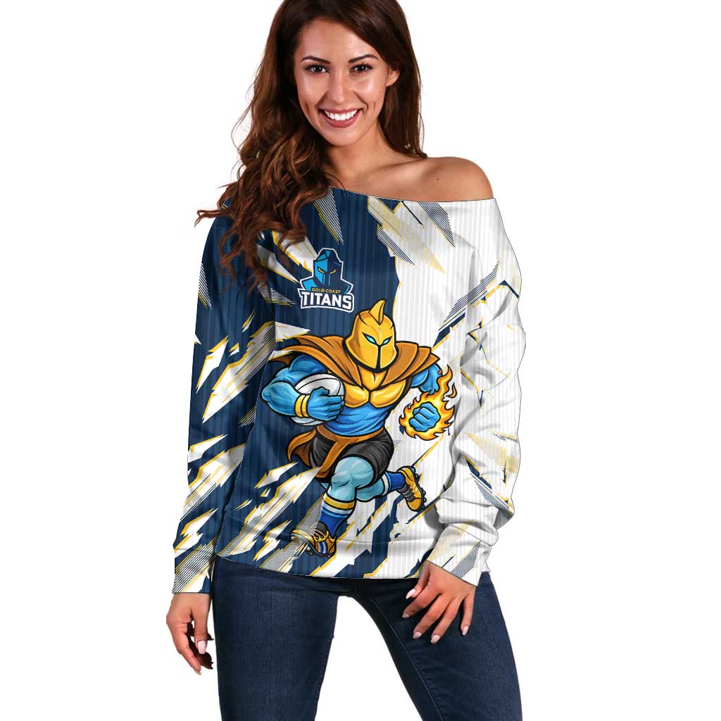 Personalized Gold Coast Titans Off Shoulder Sweater Dynamic Lightning Mascot Rugby Australia
