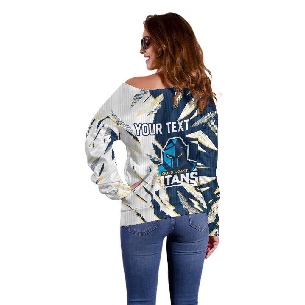 Personalized Gold Coast Titans Off Shoulder Sweater Dynamic Lightning Mascot Rugby Australia
