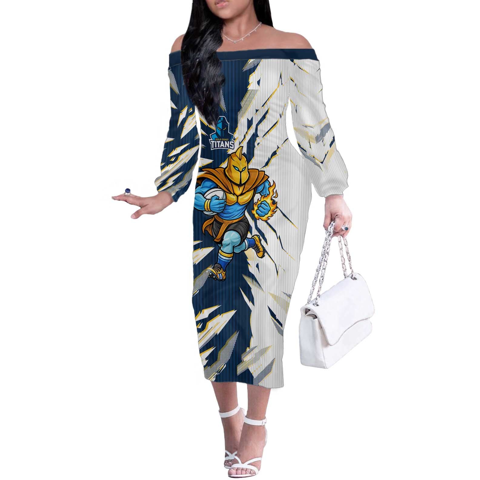 Personalized Gold Coast Titans Off The Shoulder Long Sleeve Dress Dynamic Lightning Mascot Rugby Australia