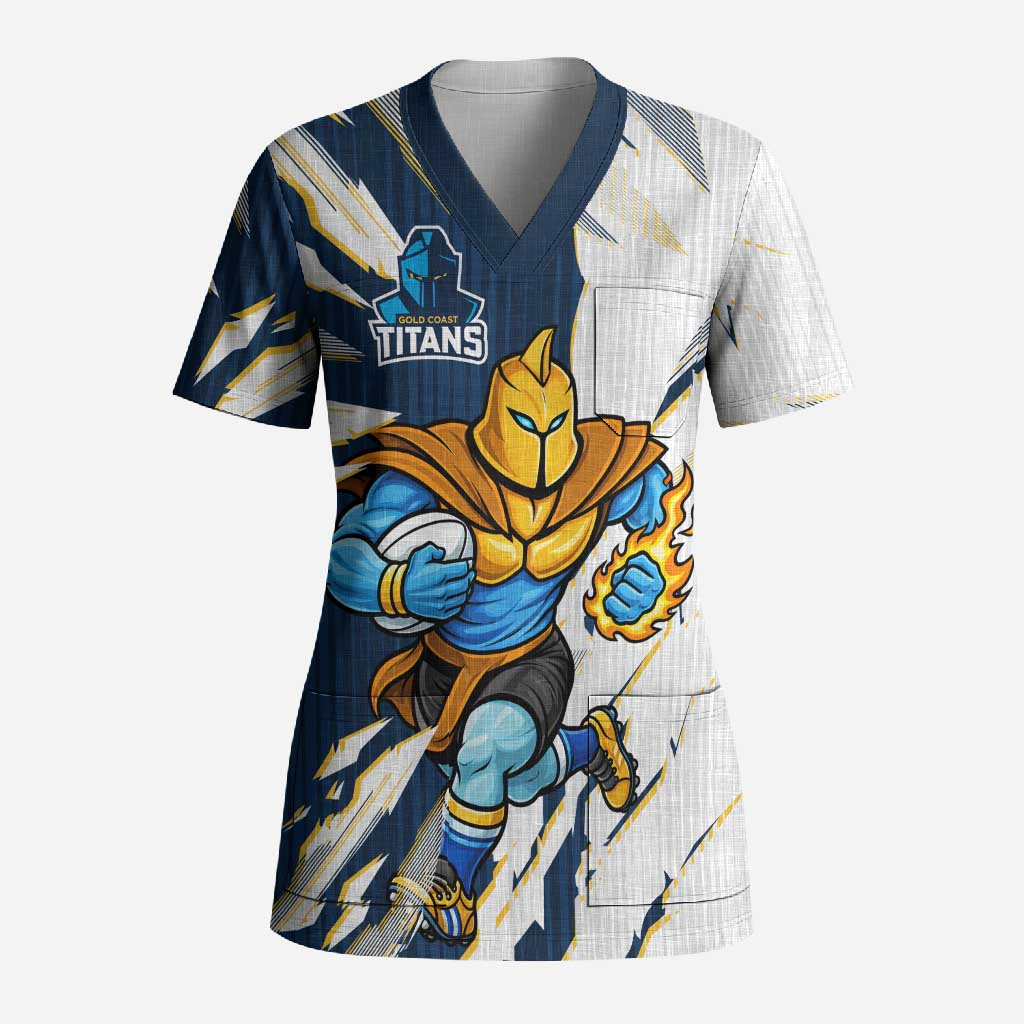 Personalized Gold Coast Titans Scrub Top Dynamic Lightning Mascot Rugby Australia