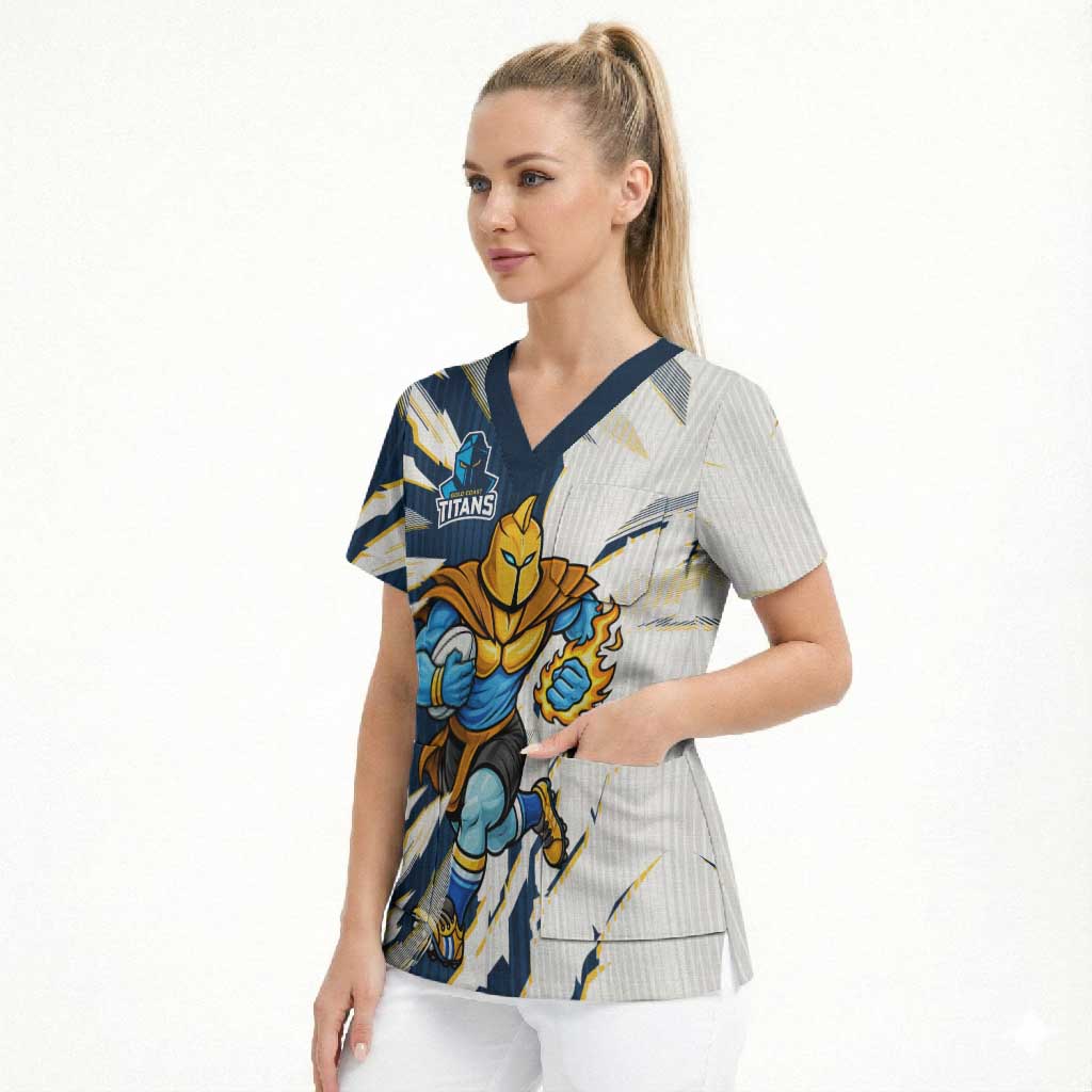 Personalized Gold Coast Titans Scrub Top Dynamic Lightning Mascot Rugby Australia