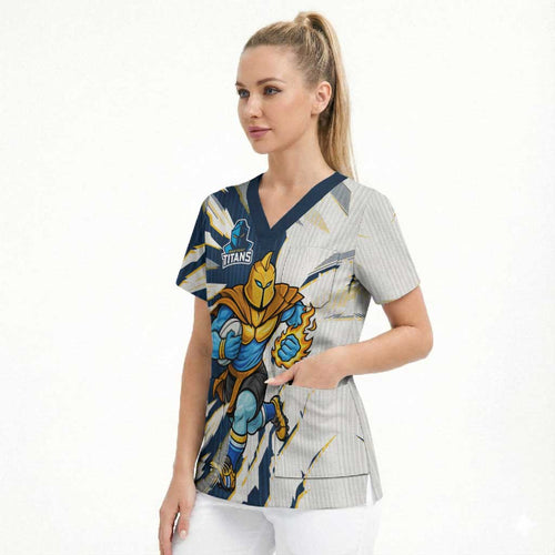 Personalized Gold Coast Titans Scrub Top Dynamic Lightning Mascot Rugby Australia
