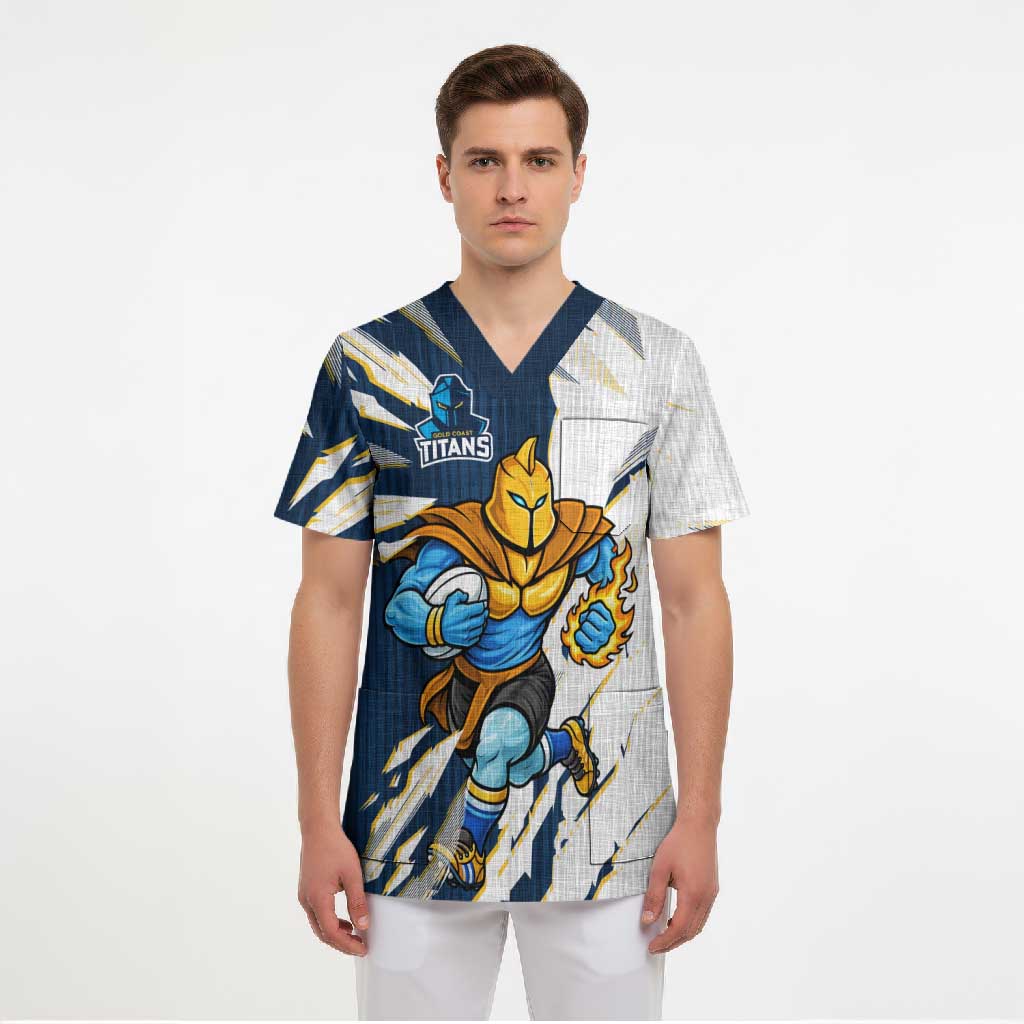Personalized Gold Coast Titans Scrub Top Dynamic Lightning Mascot Rugby Australia