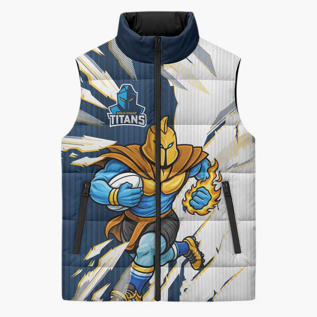 Personalized Gold Coast Titans Sleeveless Puffer Jacket Dynamic Lightning Mascot Rugby Australia