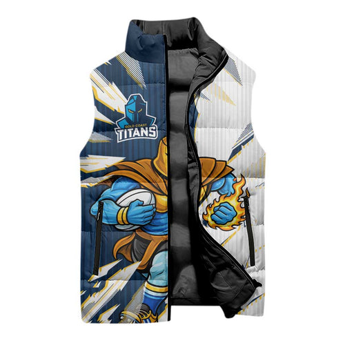 Personalized Gold Coast Titans Sleeveless Puffer Jacket Dynamic Lightning Mascot Rugby Australia