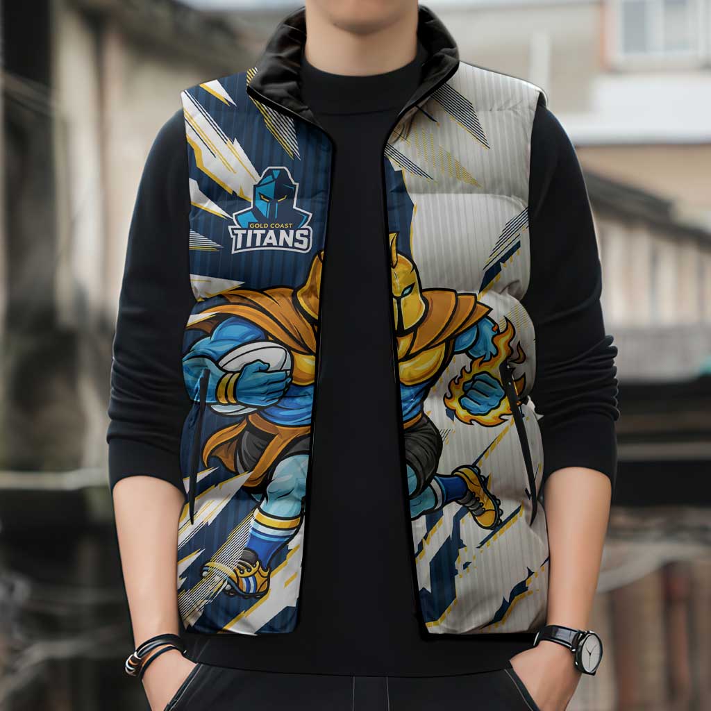 Personalized Gold Coast Titans Sleeveless Puffer Jacket Dynamic Lightning Mascot Rugby Australia