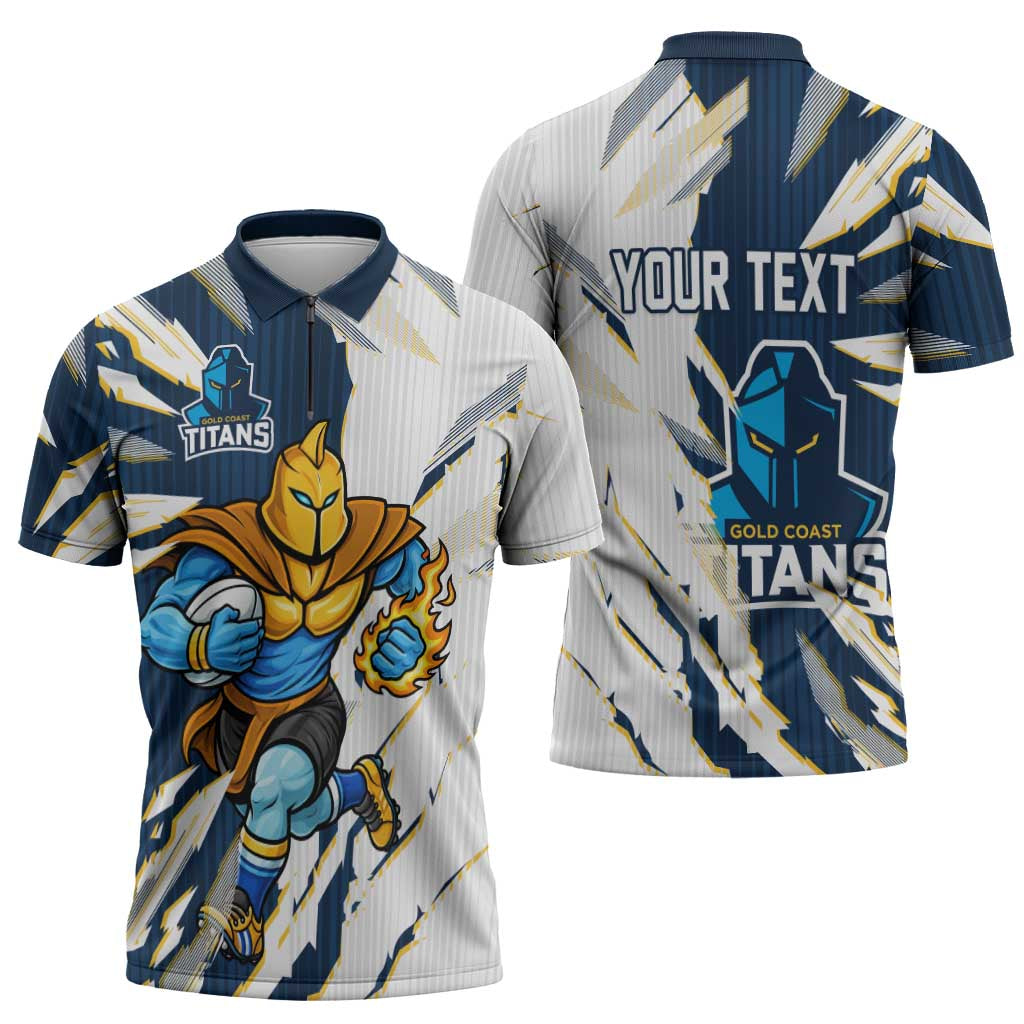Personalized Gold Coast Titans Zipper Polo Shirt Dynamic Lightning Mascot Rugby Australia