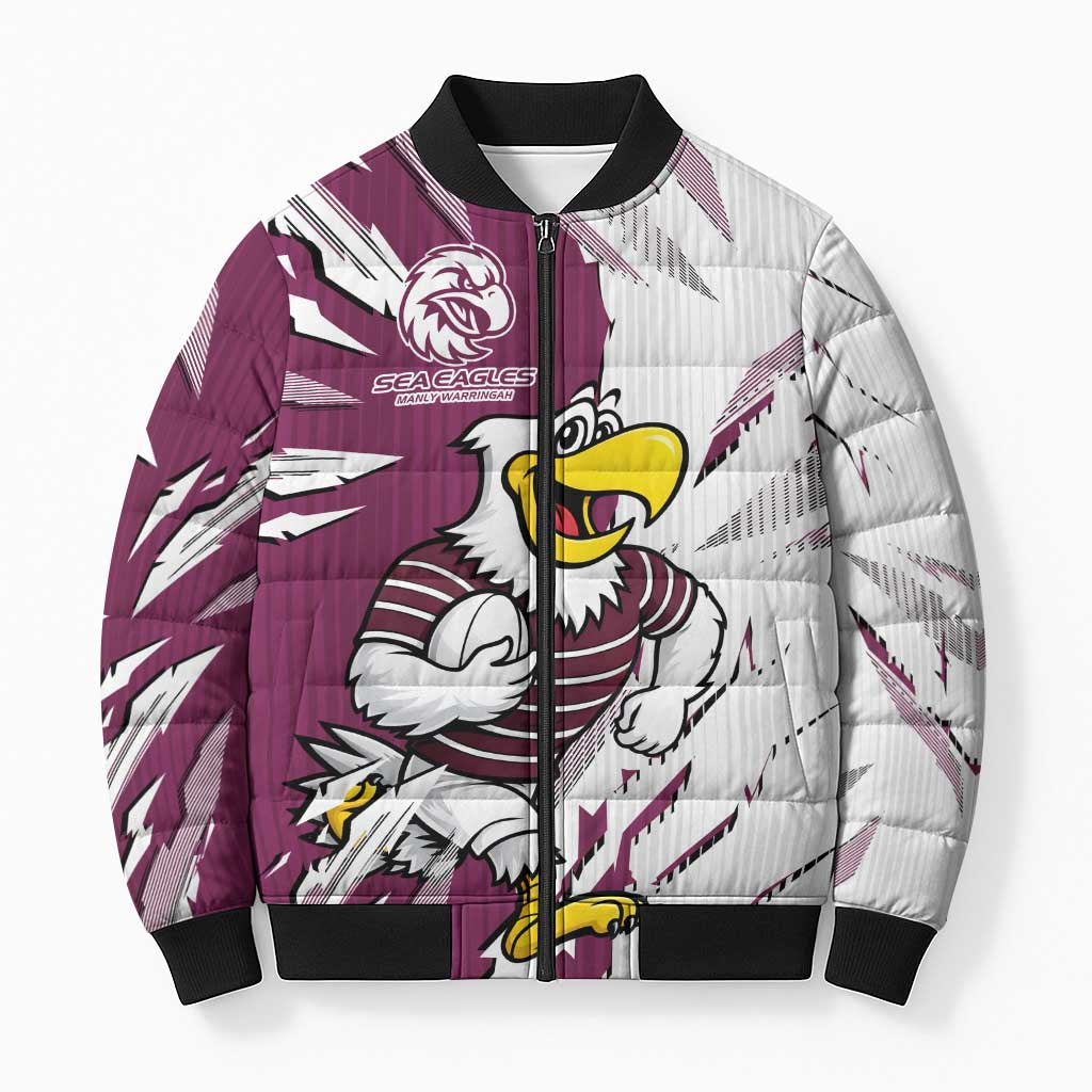 Personalized Manly Warringah Sea Eagles Bomber Puffer Jacket Dynamic Lightning Mascot Rugby Australia