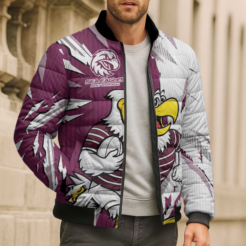 Personalized Manly Warringah Sea Eagles Bomber Puffer Jacket Dynamic Lightning Mascot Rugby Australia