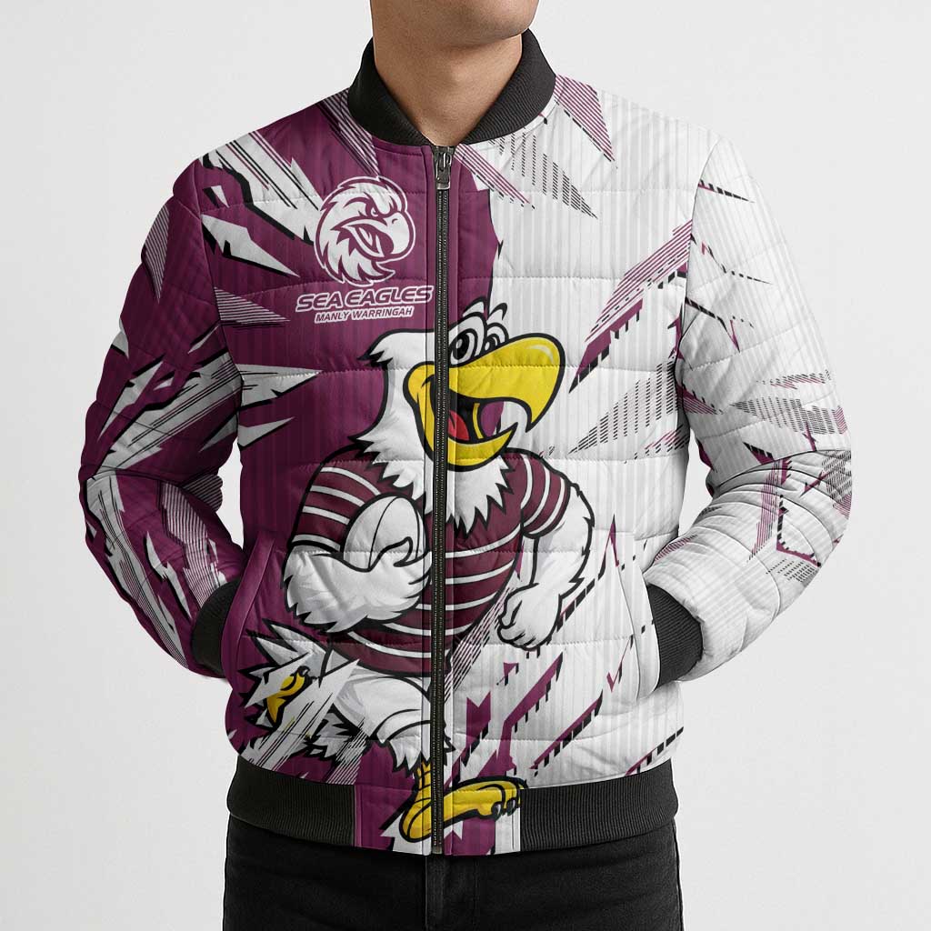 Personalized Manly Warringah Sea Eagles Bomber Puffer Jacket Dynamic Lightning Mascot Rugby Australia