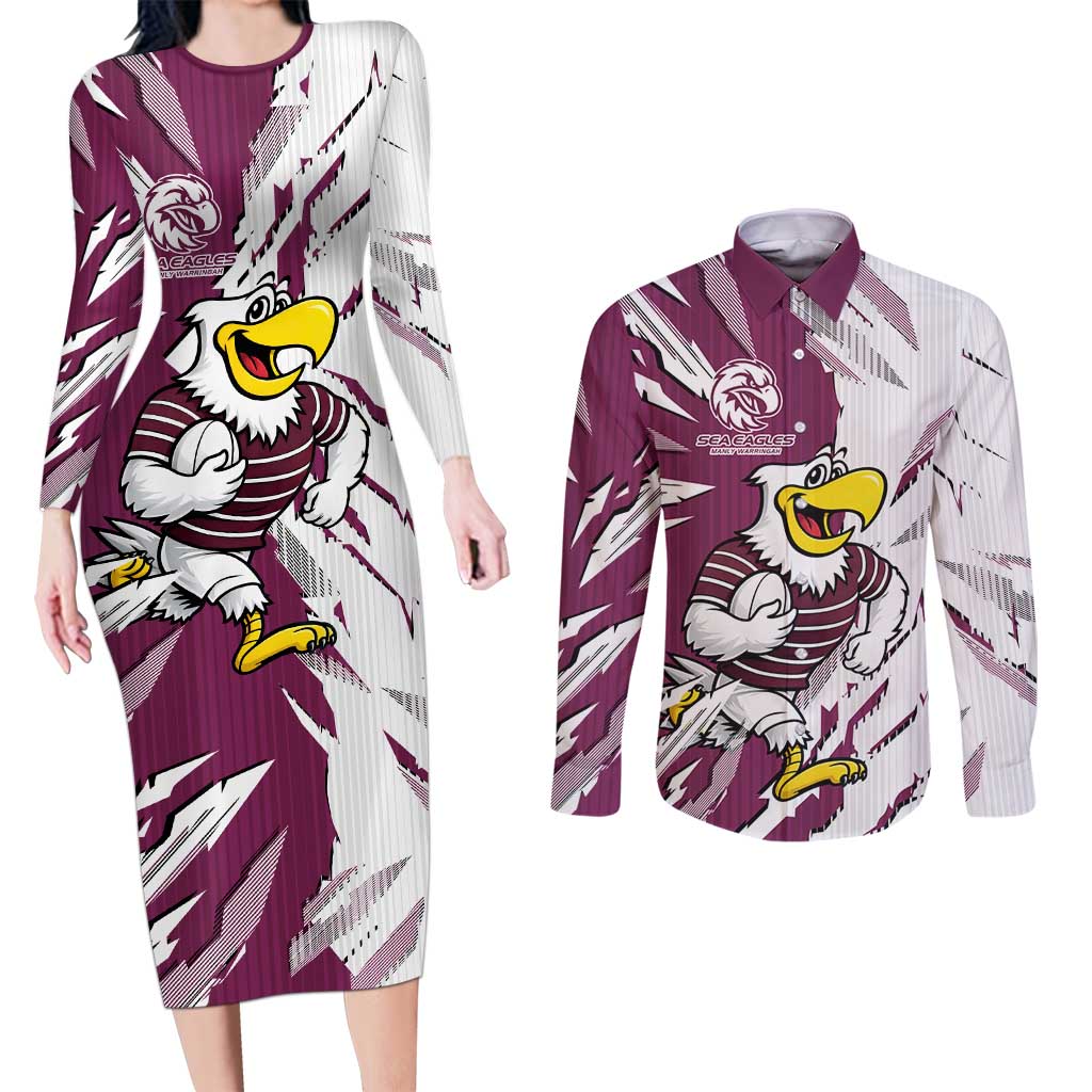 Personalized Manly Warringah Sea Eagles Couples Matching Long Sleeve Bodycon Dress and Long Sleeve Button Shirt Dynamic Lightning Mascot Rugby Australia