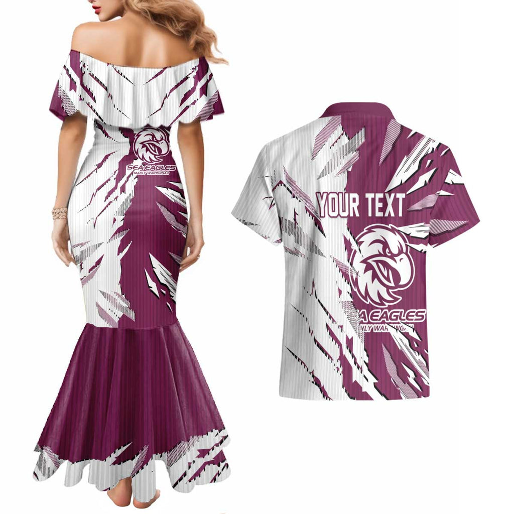Personalized Manly Warringah Sea Eagles Couples Matching Mermaid Dress and Hawaiian Shirt Dynamic Lightning Mascot Rugby Australia
