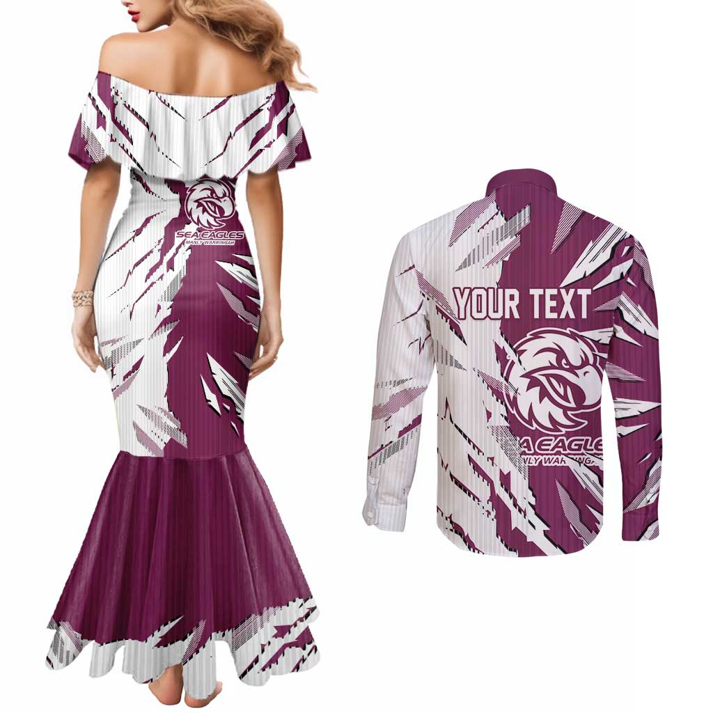 Personalized Manly Warringah Sea Eagles Couples Matching Mermaid Dress and Long Sleeve Button Shirt Dynamic Lightning Mascot Rugby Australia