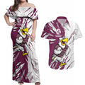 Personalized Manly Warringah Sea Eagles Couples Matching Off Shoulder Maxi Dress and Hawaiian Shirt Dynamic Lightning Mascot Rugby Australia