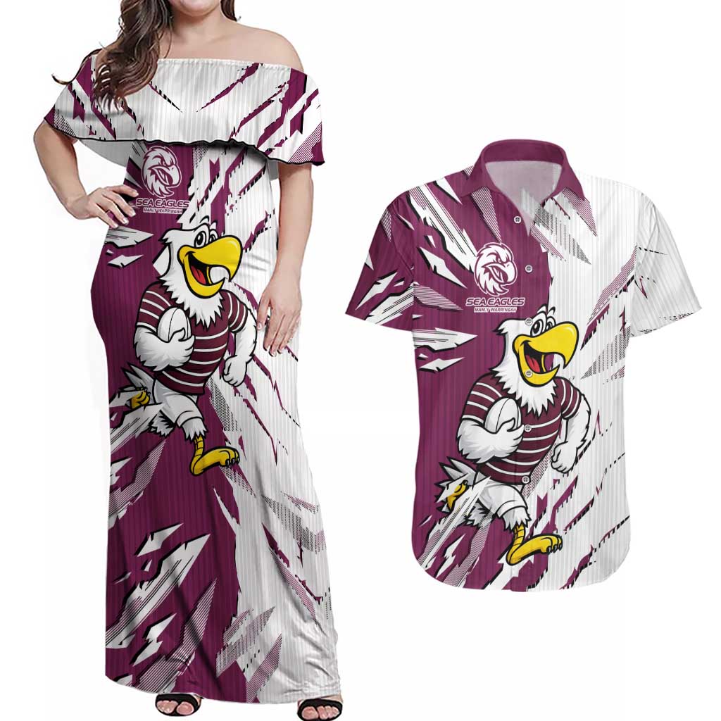 Personalized Manly Warringah Sea Eagles Couples Matching Off Shoulder Maxi Dress and Hawaiian Shirt Dynamic Lightning Mascot Rugby Australia
