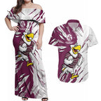 Personalized Manly Warringah Sea Eagles Couples Matching Off Shoulder Maxi Dress and Hawaiian Shirt Dynamic Lightning Mascot Rugby Australia