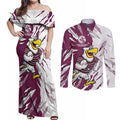 Personalized Manly Warringah Sea Eagles Couples Matching Off Shoulder Maxi Dress and Long Sleeve Button Shirt Dynamic Lightning Mascot Rugby Australia
