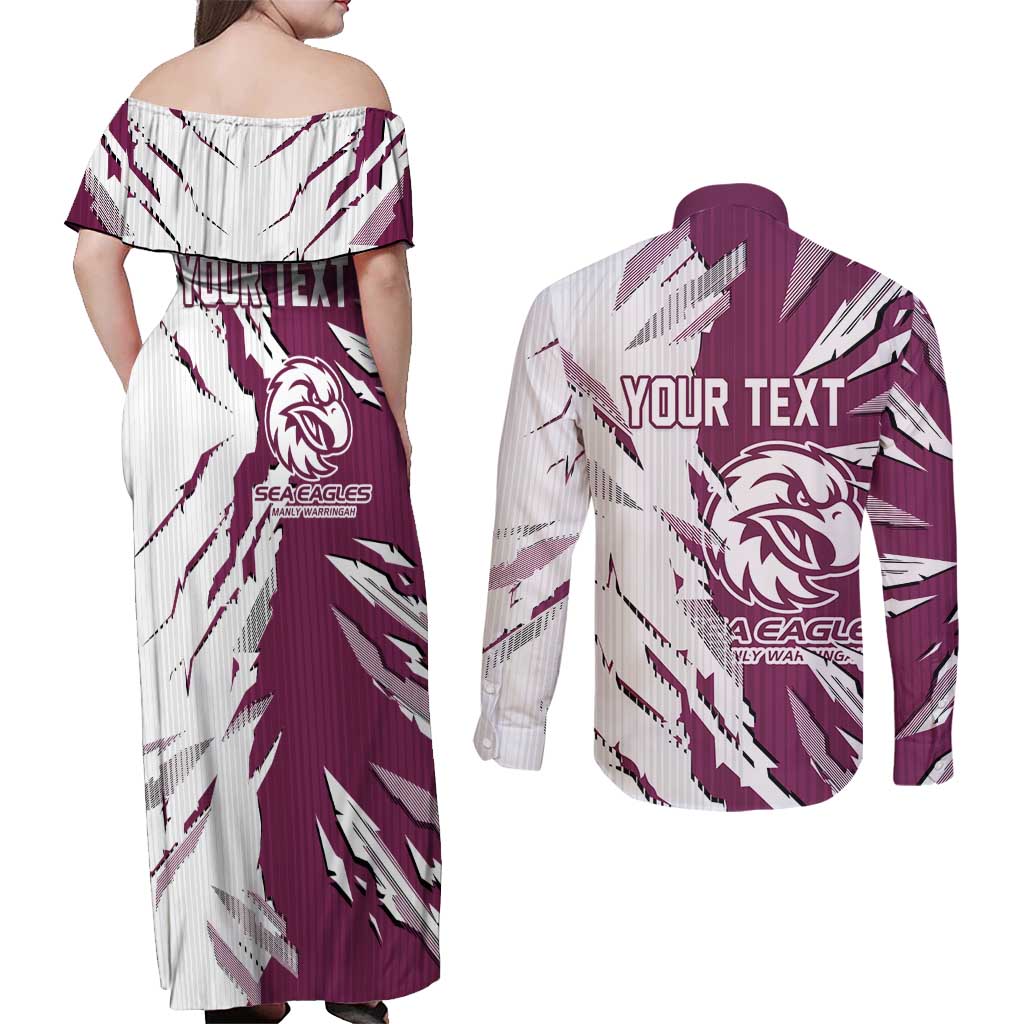 Personalized Manly Warringah Sea Eagles Couples Matching Off Shoulder Maxi Dress and Long Sleeve Button Shirt Dynamic Lightning Mascot Rugby Australia