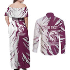 Personalized Manly Warringah Sea Eagles Couples Matching Off Shoulder Maxi Dress and Long Sleeve Button Shirt Dynamic Lightning Mascot Rugby Australia