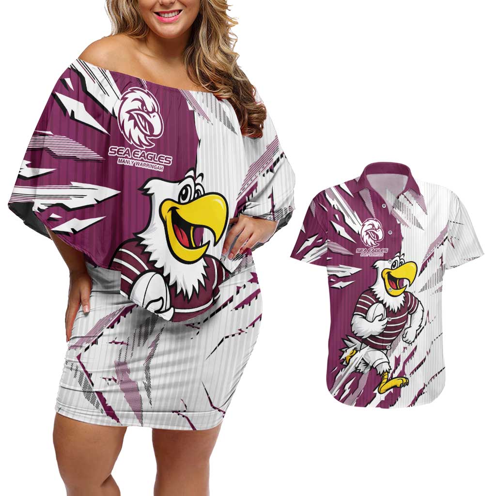Personalized Manly Warringah Sea Eagles Couples Matching Off Shoulder Short Dress and Hawaiian Shirt Dynamic Lightning Mascot Rugby Australia
