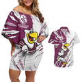 Personalized Manly Warringah Sea Eagles Couples Matching Off Shoulder Short Dress and Hawaiian Shirt Dynamic Lightning Mascot Rugby Australia