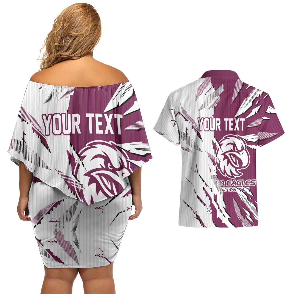 Personalized Manly Warringah Sea Eagles Couples Matching Off Shoulder Short Dress and Hawaiian Shirt Dynamic Lightning Mascot Rugby Australia