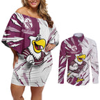 Personalized Manly Warringah Sea Eagles Couples Matching Off Shoulder Short Dress and Long Sleeve Button Shirt Dynamic Lightning Mascot Rugby Australia