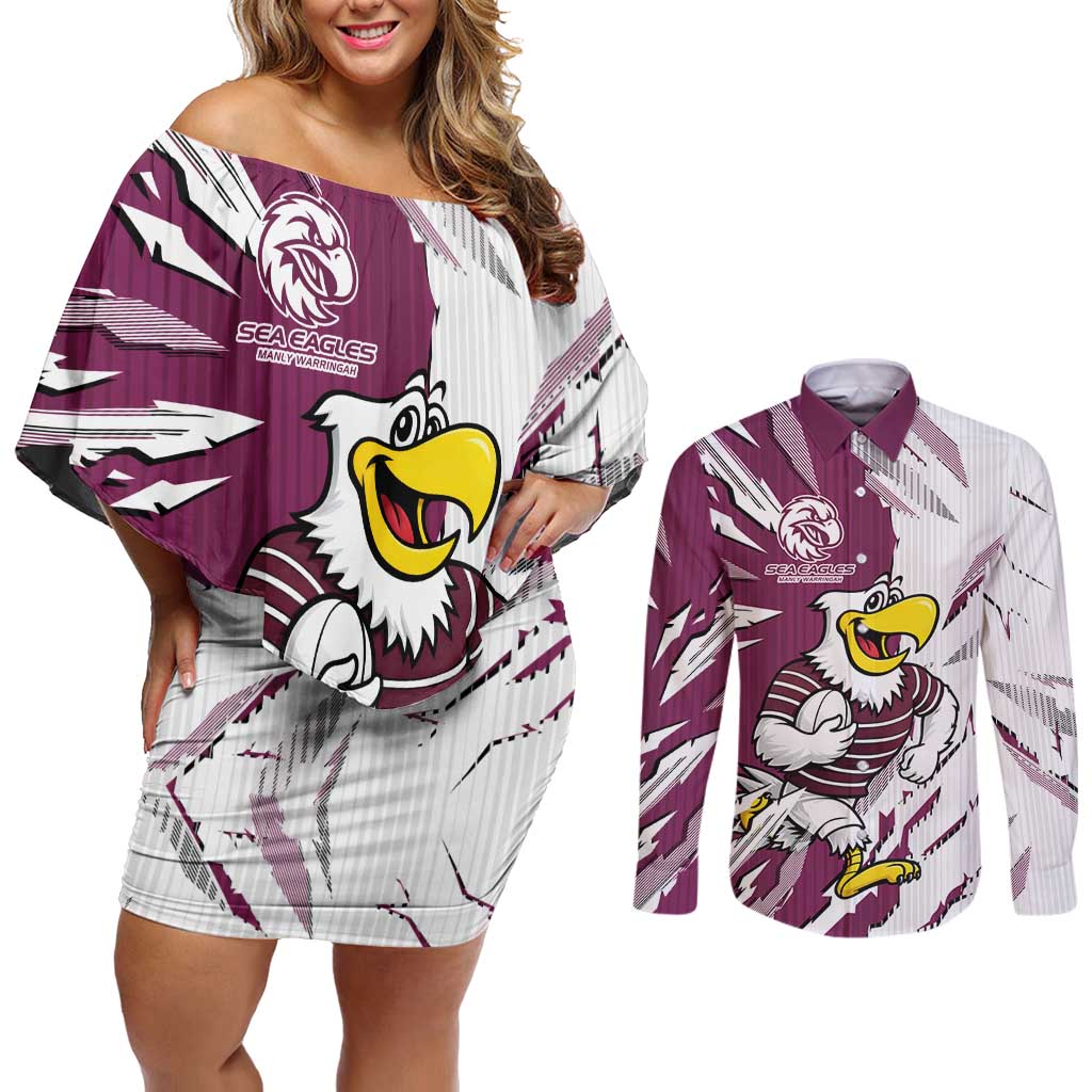 Personalized Manly Warringah Sea Eagles Couples Matching Off Shoulder Short Dress and Long Sleeve Button Shirt Dynamic Lightning Mascot Rugby Australia