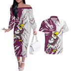 Personalized Manly Warringah Sea Eagles Couples Matching Off The Shoulder Long Sleeve Dress and Hawaiian Shirt Dynamic Lightning Mascot Rugby Australia