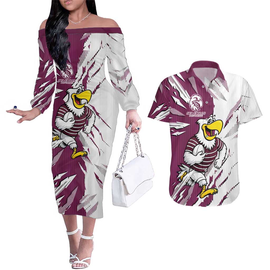 Personalized Manly Warringah Sea Eagles Couples Matching Off The Shoulder Long Sleeve Dress and Hawaiian Shirt Dynamic Lightning Mascot Rugby Australia
