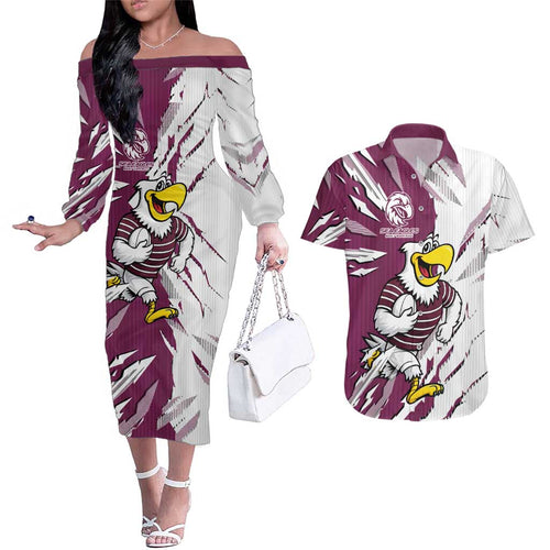 Personalized Manly Warringah Sea Eagles Couples Matching Off The Shoulder Long Sleeve Dress and Hawaiian Shirt Dynamic Lightning Mascot Rugby Australia