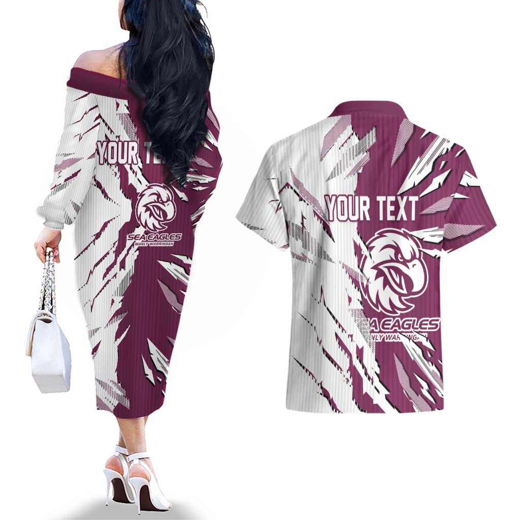 Personalized Manly Warringah Sea Eagles Couples Matching Off The Shoulder Long Sleeve Dress and Hawaiian Shirt Dynamic Lightning Mascot Rugby Australia