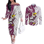 Personalized Manly Warringah Sea Eagles Couples Matching Off The Shoulder Long Sleeve Dress and Long Sleeve Button Shirt Dynamic Lightning Mascot Rugby Australia