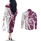 Personalized Manly Warringah Sea Eagles Couples Matching Off The Shoulder Long Sleeve Dress and Long Sleeve Button Shirt Dynamic Lightning Mascot Rugby Australia